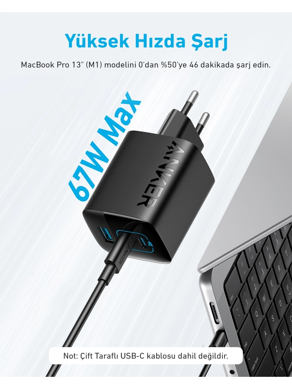 Anker Şarj Cihazı 336 Powerport 67W Yüksek Hızlı USB-C Şarj - PowerIQ 3.0 ve ActiveShield 
