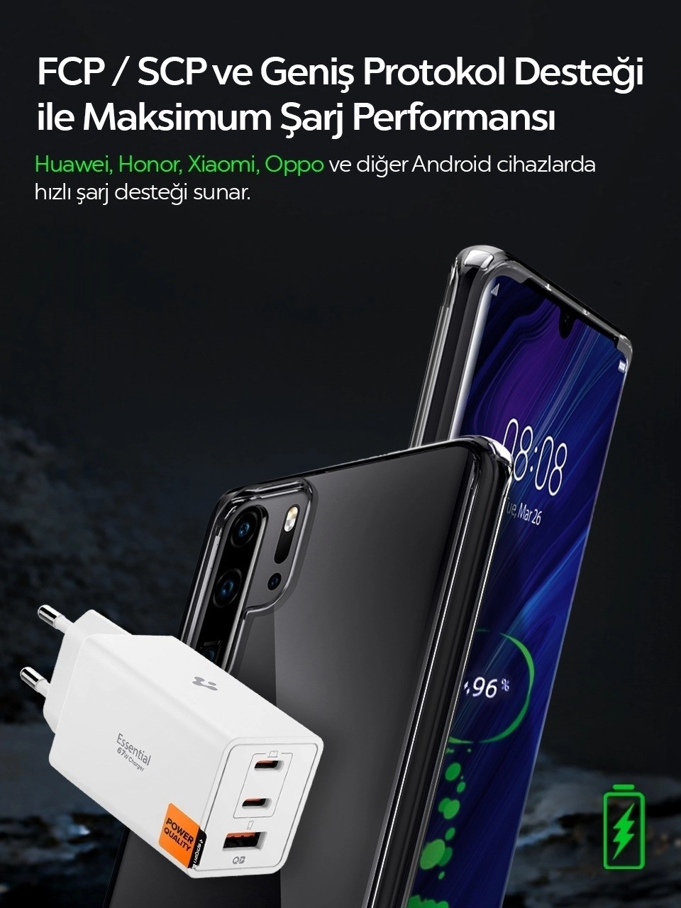 67W USB C USB A 3 Port GaN Pro Hızlı Şarj Aleti PPS 2.0 Beyaz ACH08710