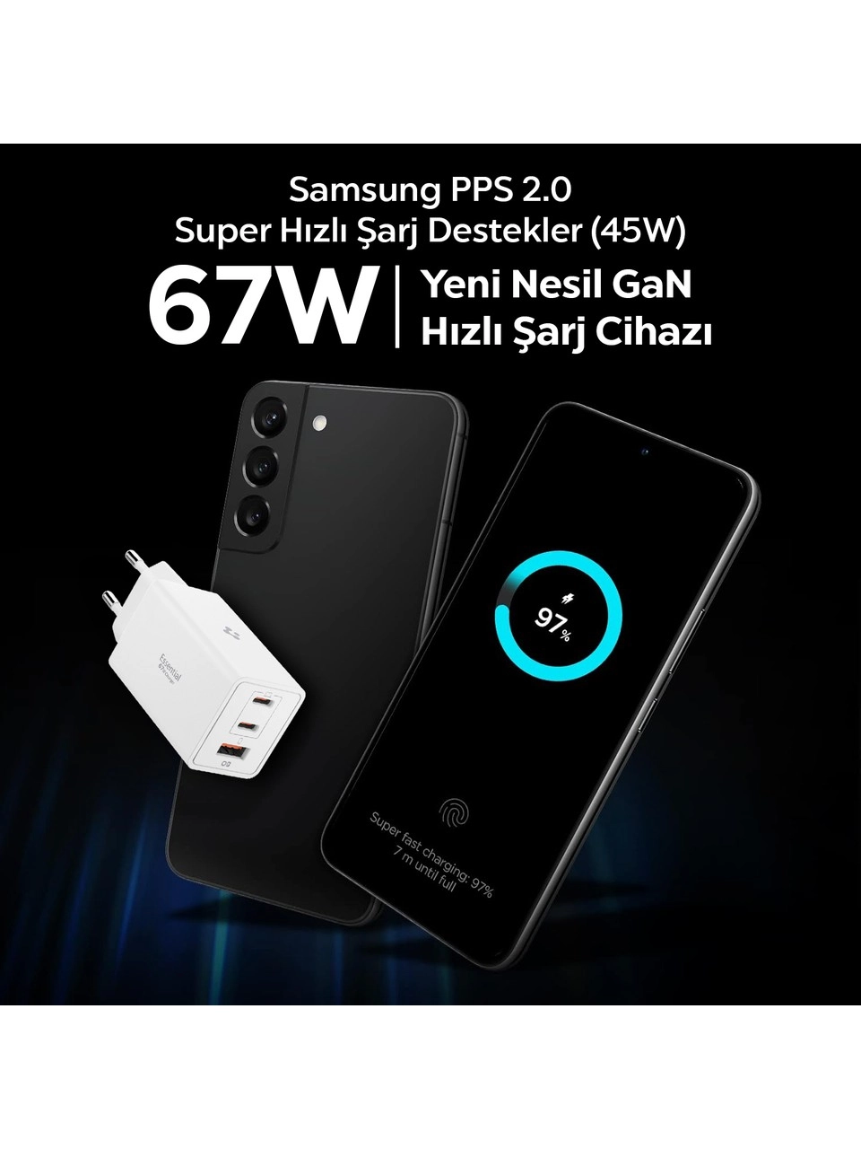 67W USB C USB A 3 Port GaN Pro Hızlı Şarj Aleti PPS 2.0 Beyaz ACH08710