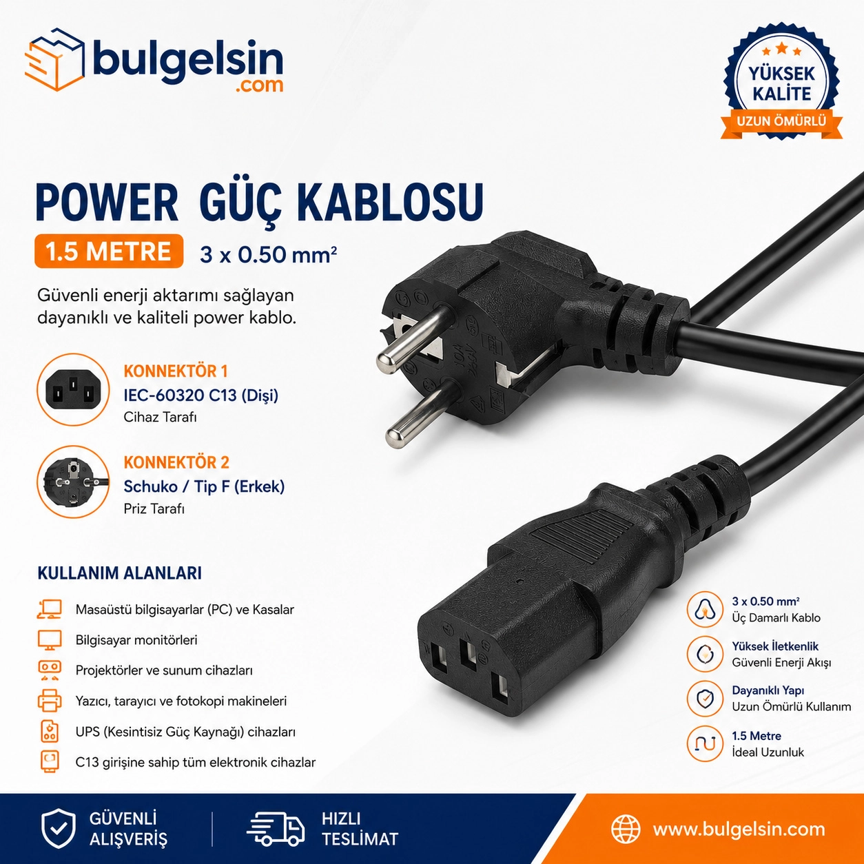 90 Derece L Tip C7 Güç (Power) Kablosu