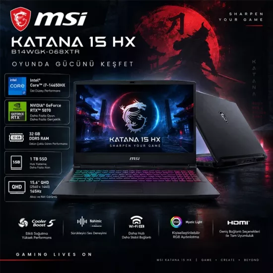 MSI Katana 15 HX B14WGK-068XTR i7-14650HX 32 GB 1TB SSD RTX 5070 15.6’’ QHD 165Hz 