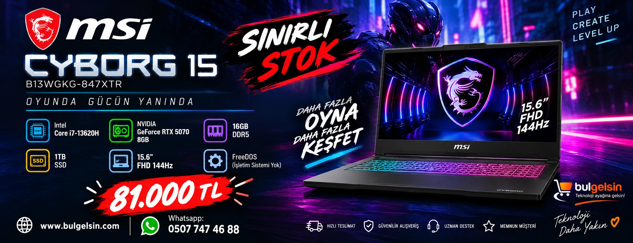 MSI Cyborg 15 B13WGKG-847XTR i7-13620H RTX 5070 Gaming Notebook